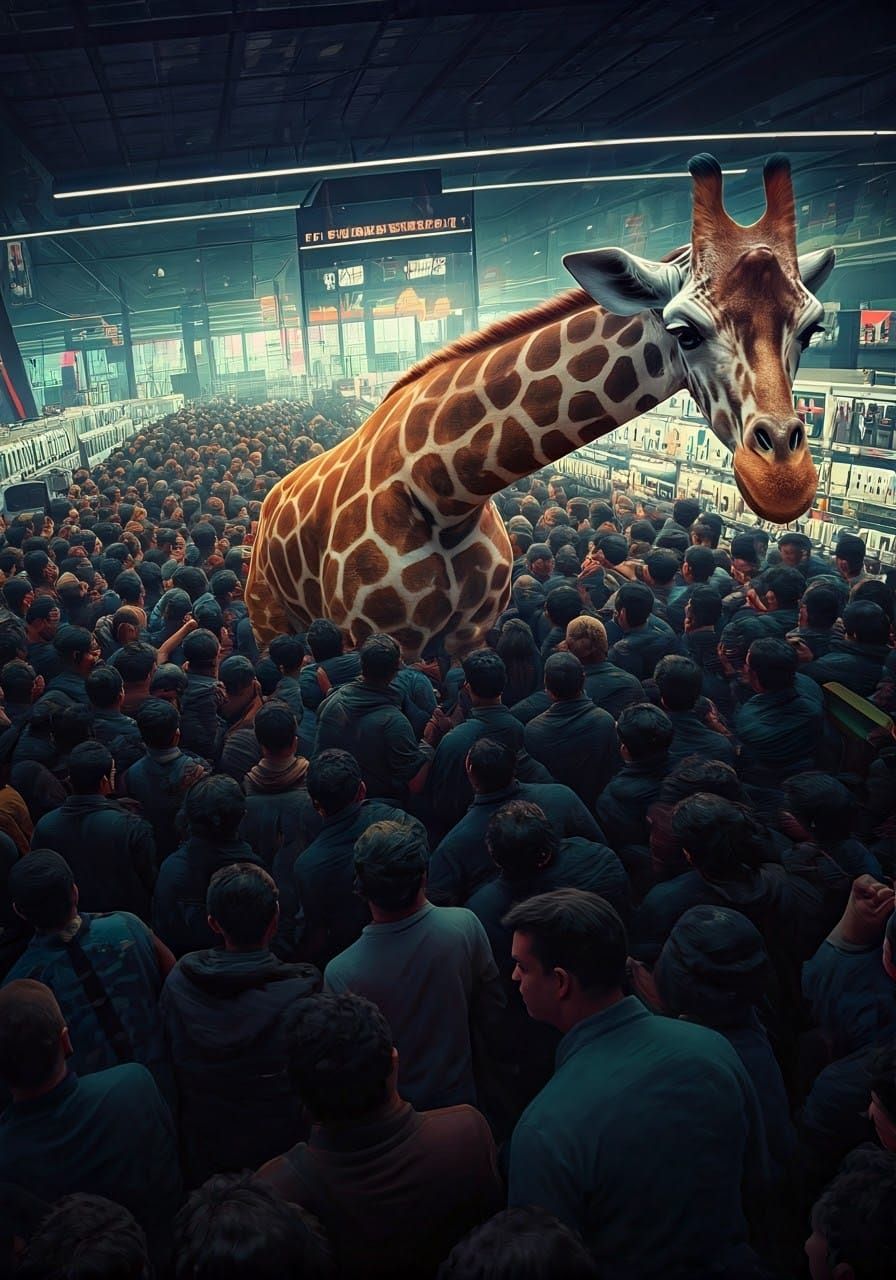 Giraffe in Consumerist Chaos: Digital Art