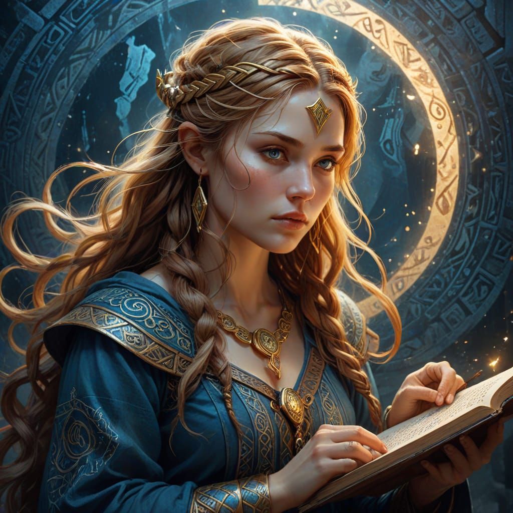 Art Nouveau Viking Woman Studying Ancient Runes