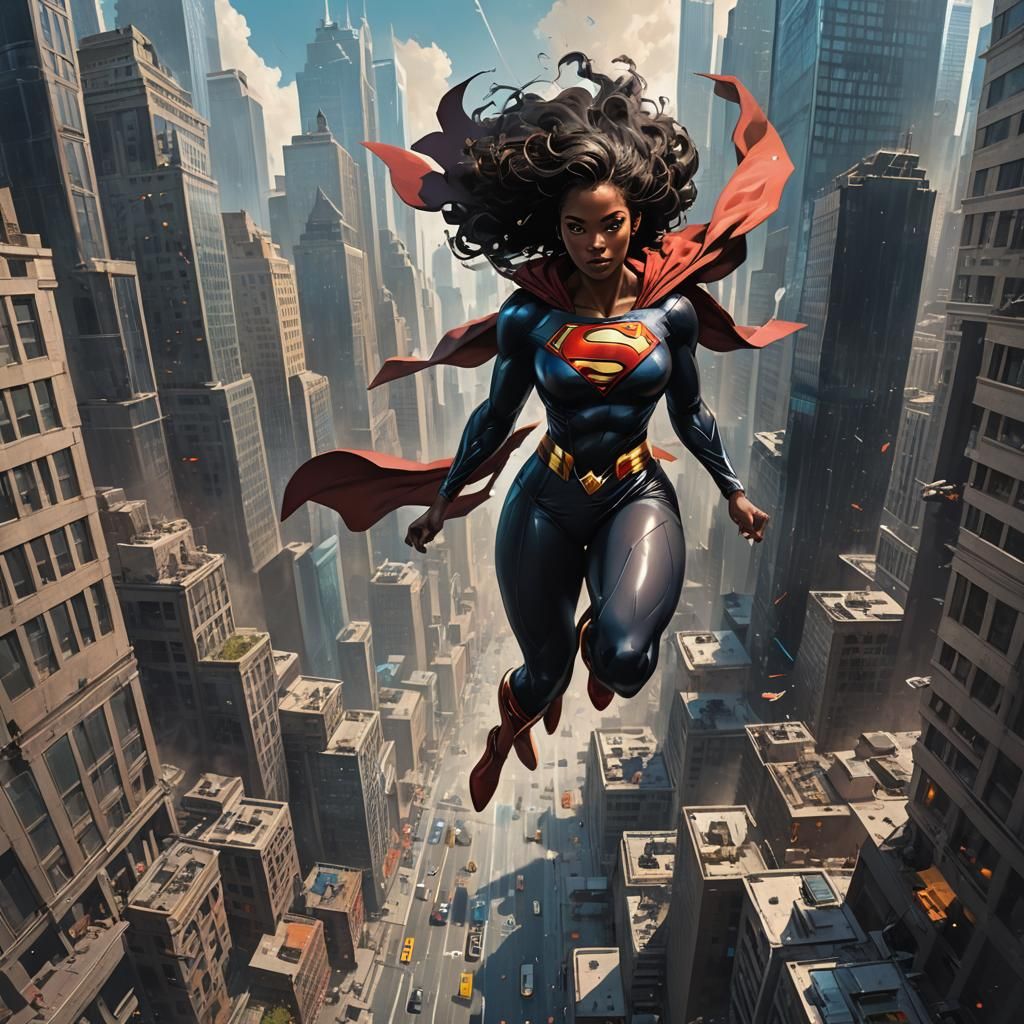 Futuristic Metropolis: Superman-Inspired Heroine in Flight