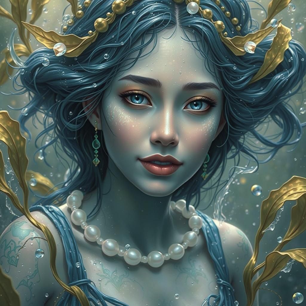 Blue Water Nymph with Golden Eyes in Surreal Style