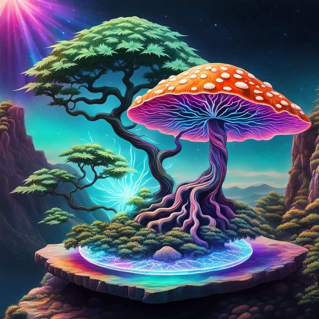 Psychedelic Marijuana Leaf with Mushroom and Bonsai