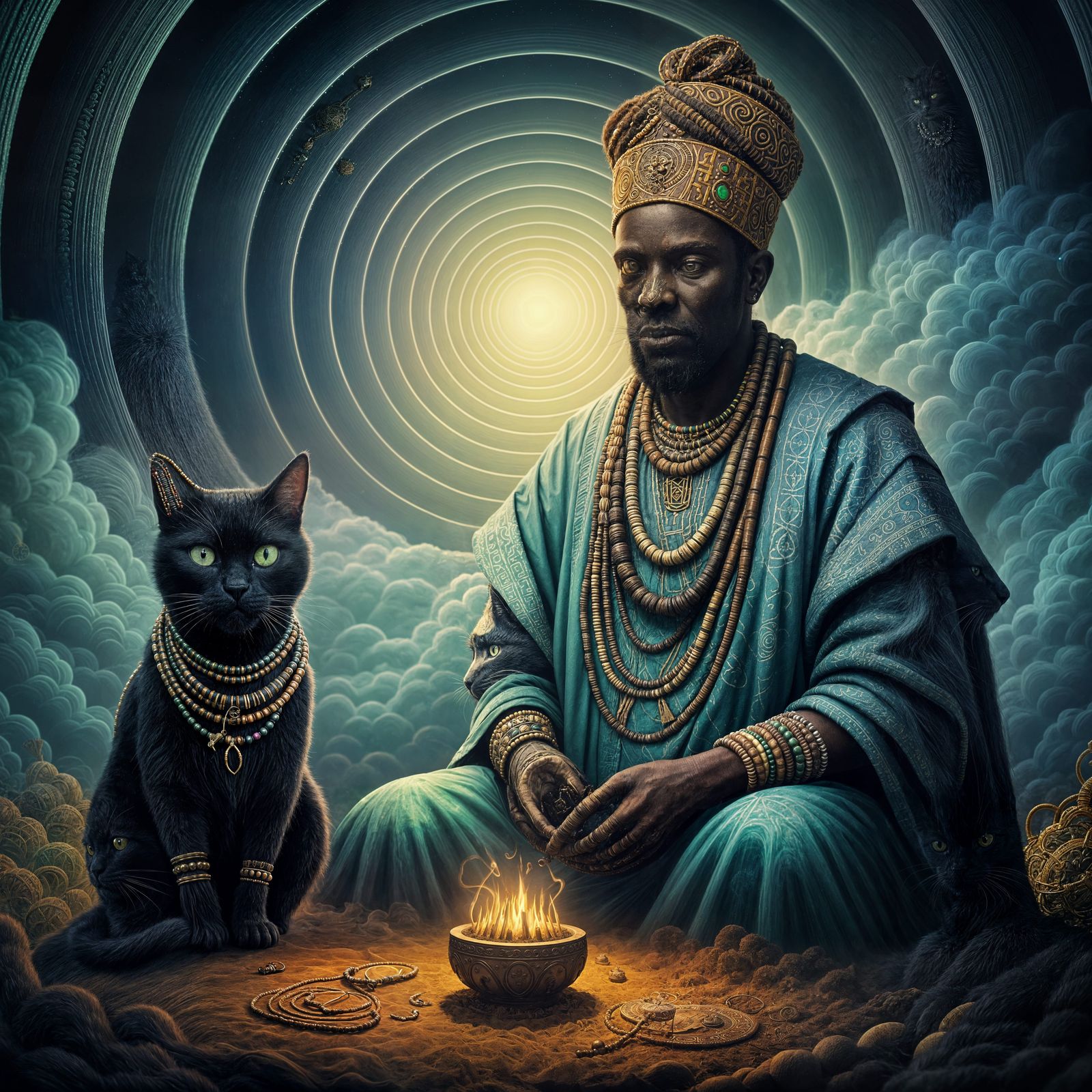 Yoruba Priest Consulting Oracles with Black Cat