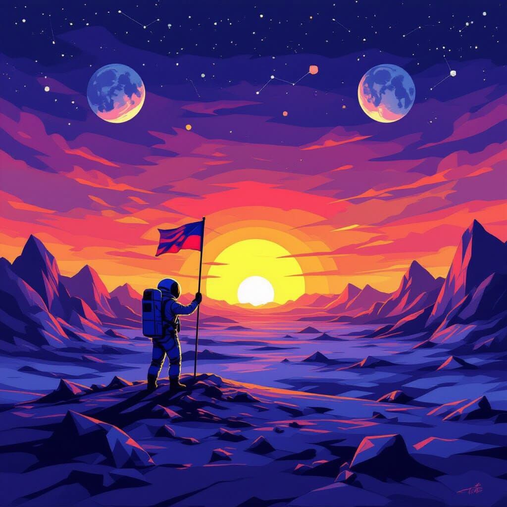 Astronaut Plants Flag on Alien Planet with Two Moons