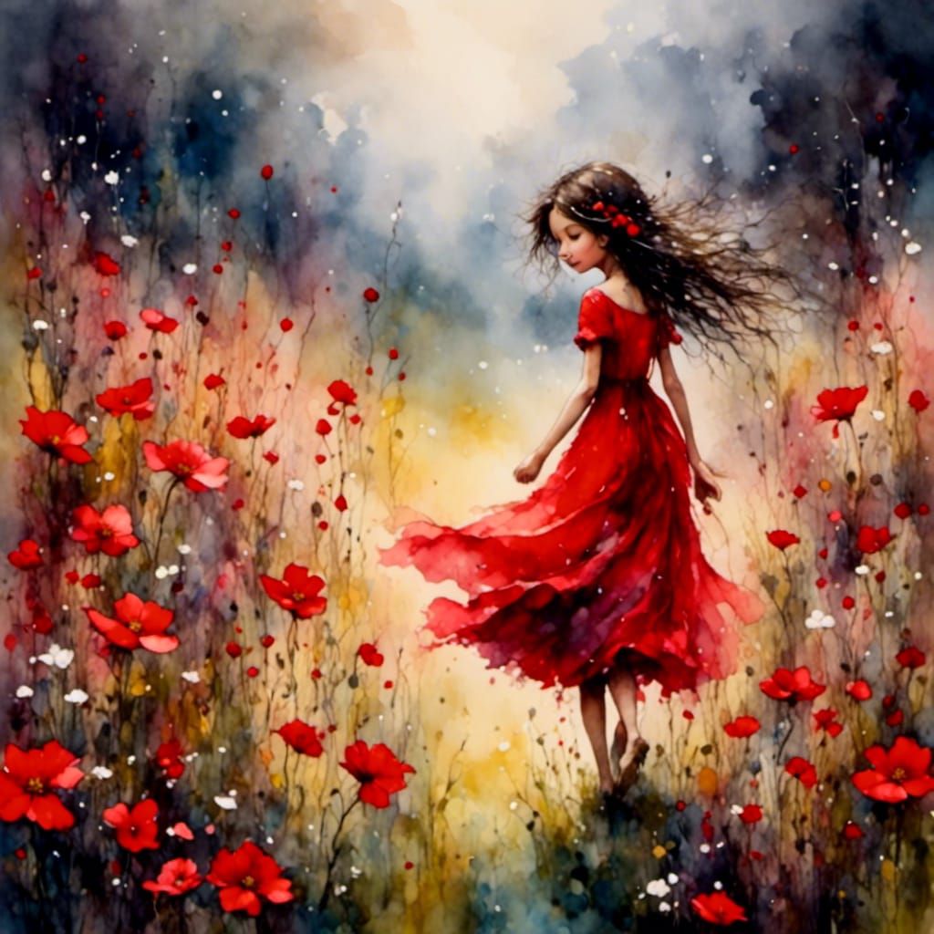 Girl in Red Dress: Impressionist Meadow Painting