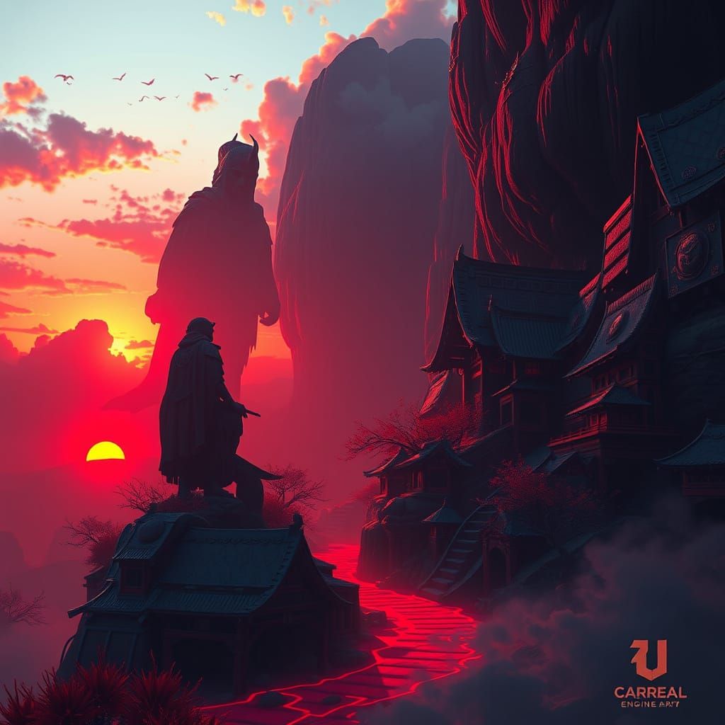 Fantastical Scarlet Sunset: Detailed Matte Painting