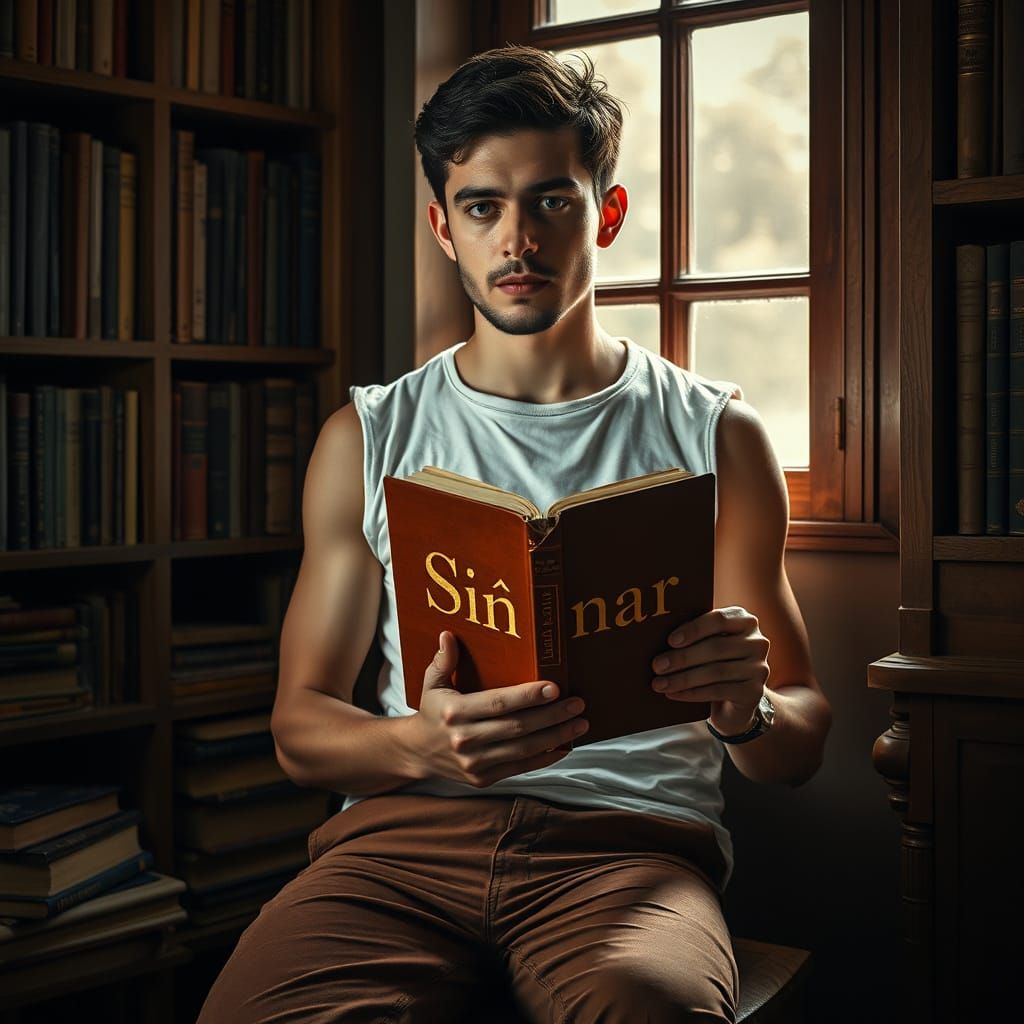Young Man Reads Book in Cozy Study