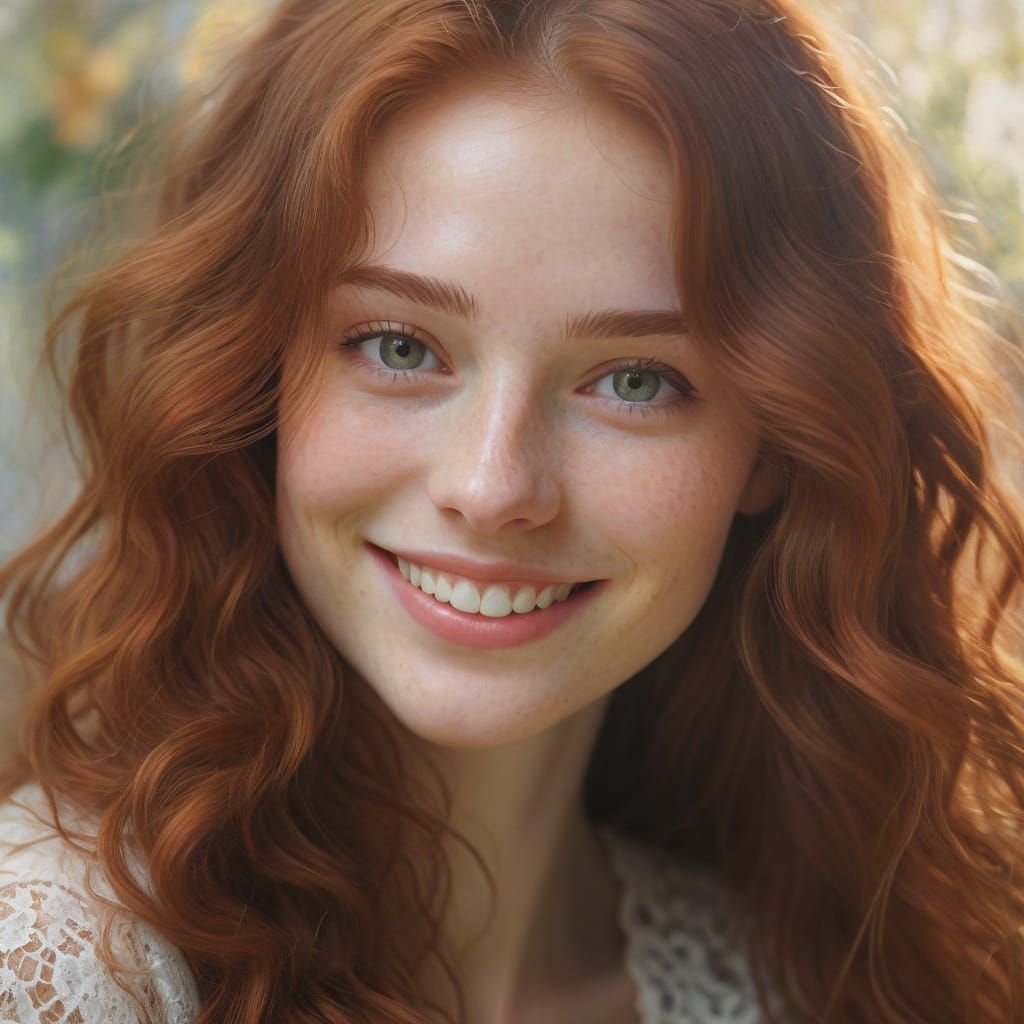 Impressionistic Portrait of a Smiling Auburn-Haired Woman
