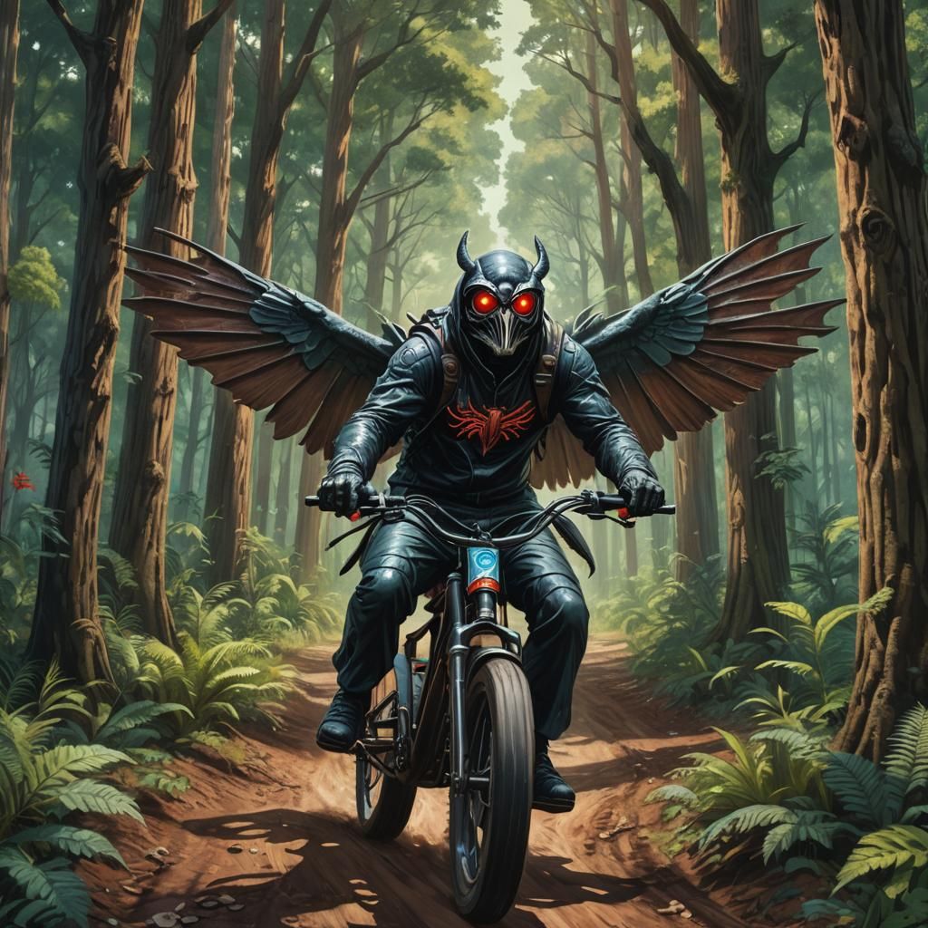 Mothman Rides a Bike Through Cypress Trees