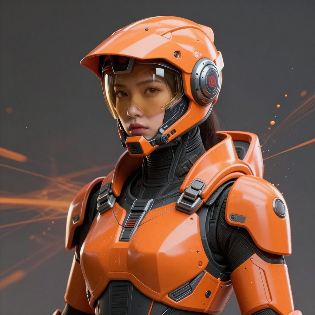 Orange Cyberpunk Armor On Lady Soldier Concept Art