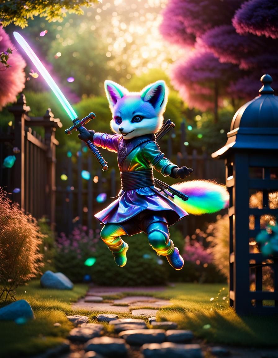 Hyperdetailed Rainbow Cyborg Ninja Fox in Garden