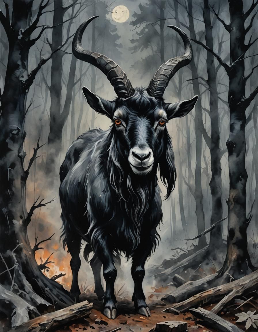 Creepy Black Goat Portrait in Gouache Style