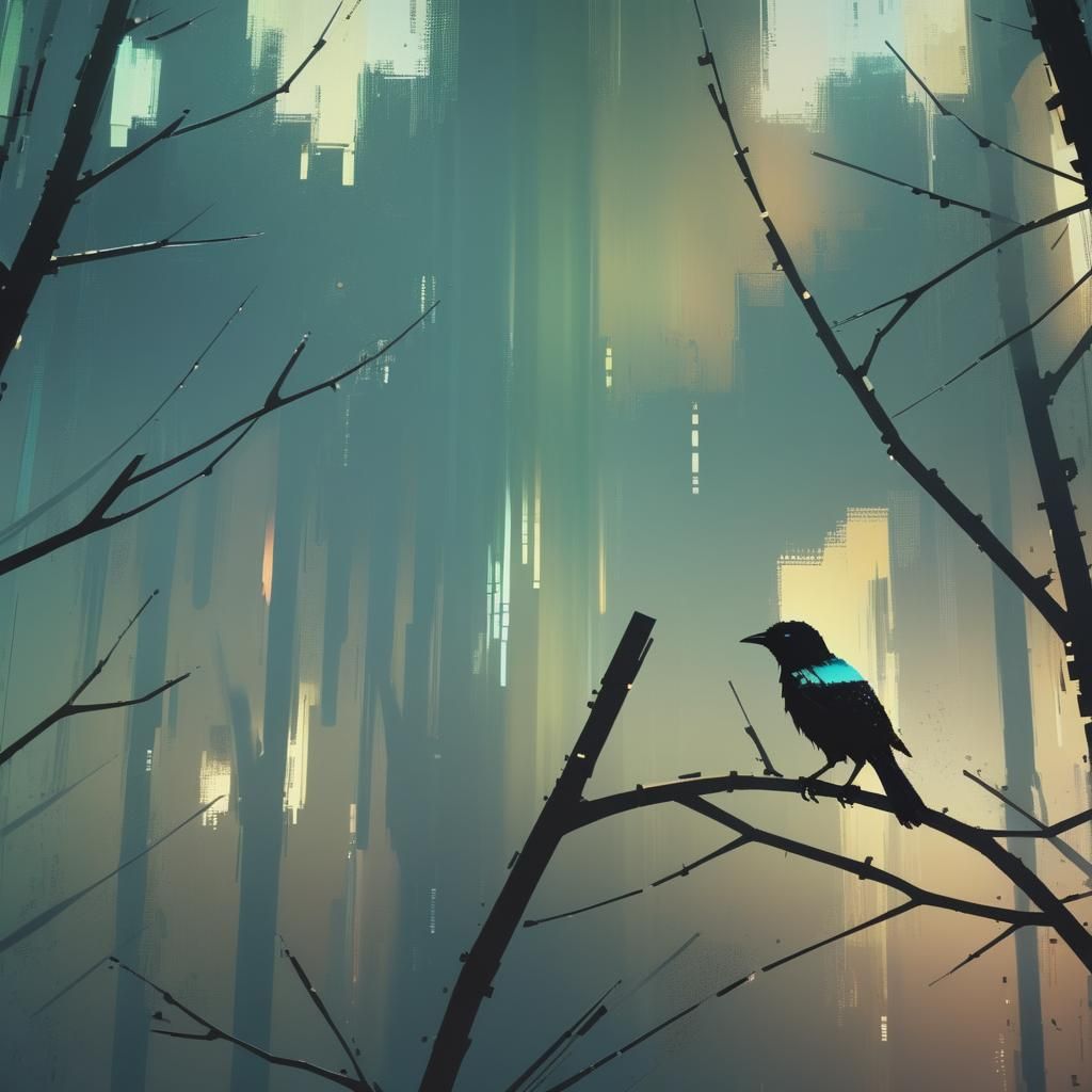 Glitched Pixelated Crow with Matrix Code