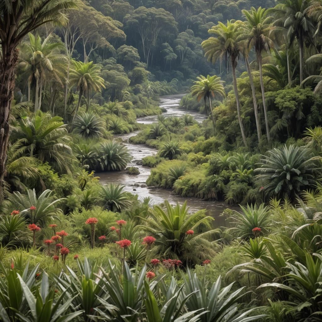 Cretaceous Hell Creek Floodplain with Cycads and Flowers