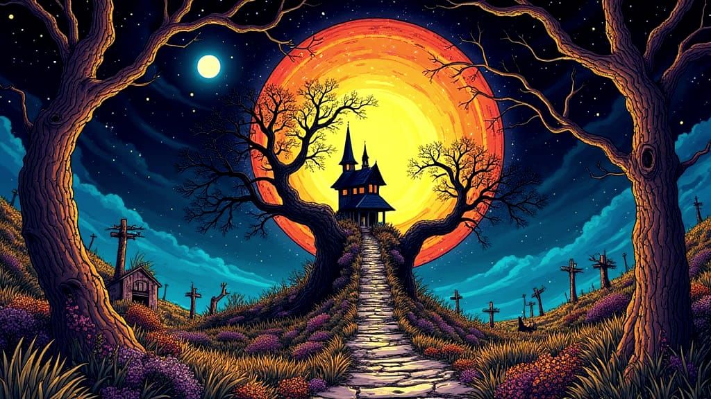 Witchy Portal with Harvest Moon and Optical Illusion