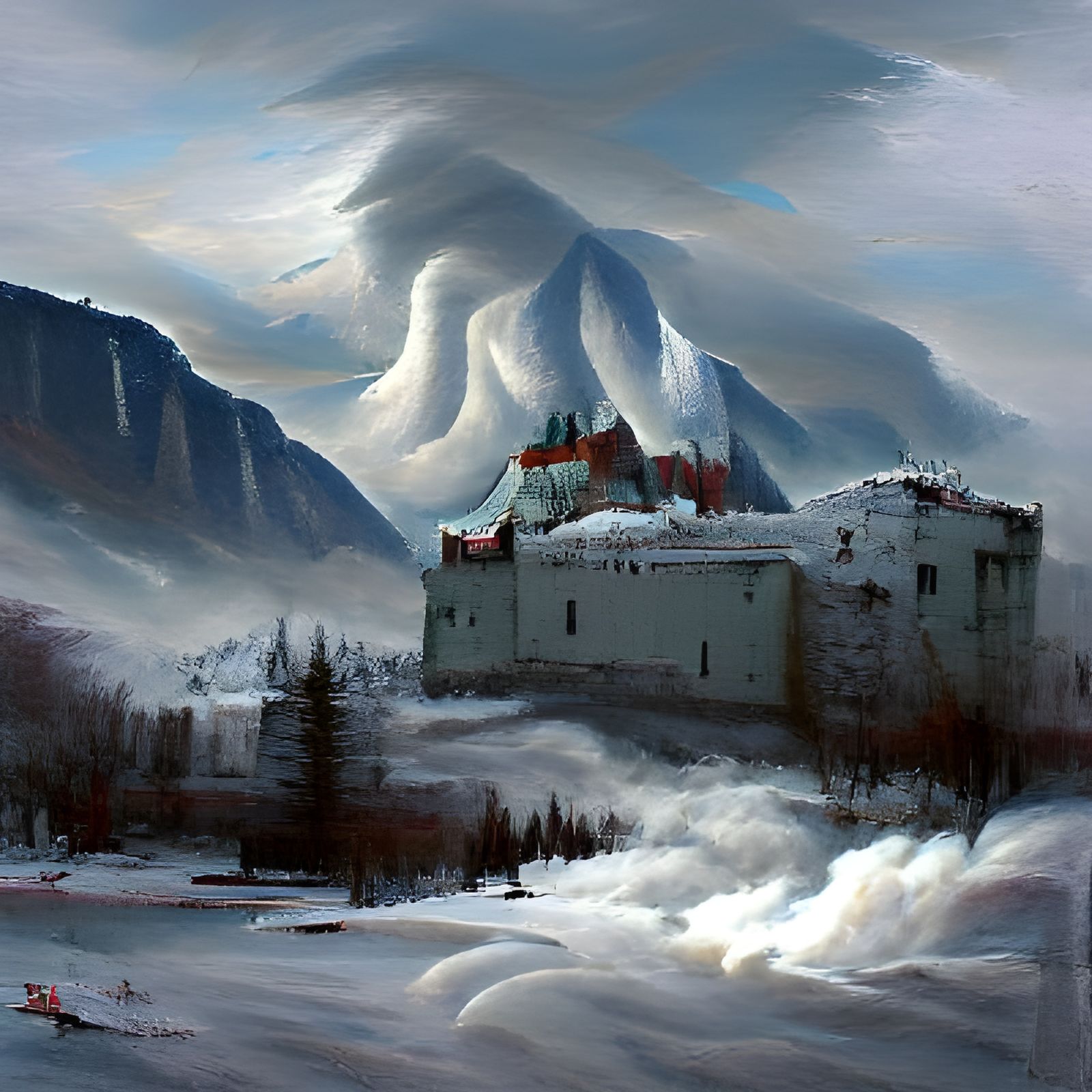 Winter Castle in Mountainous Tundra Landscape