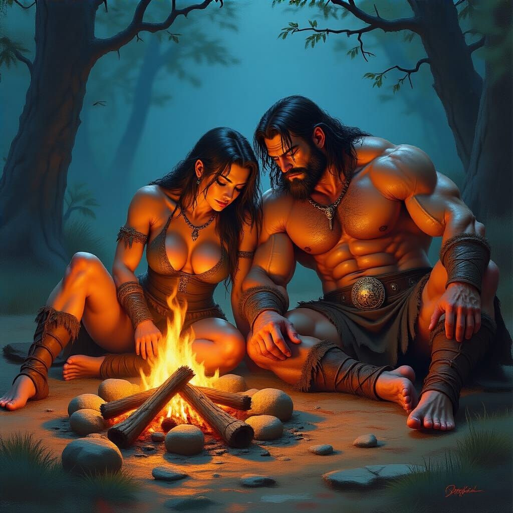 Barbarian Couple Sleeping Peacefully By Campfire