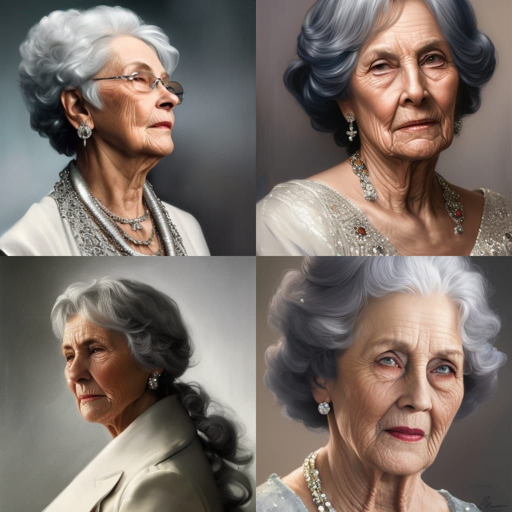 Beautiful Old grandmother in a beautiful silver dress