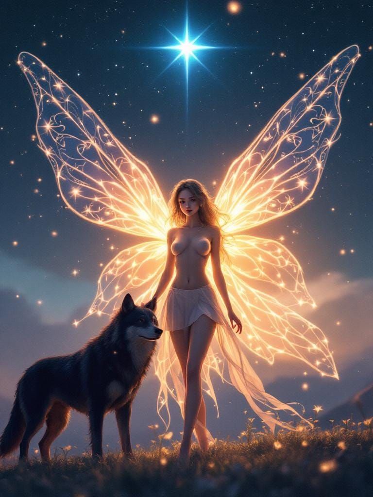 Luminescent Fairy and Black Wolf in Starry Night