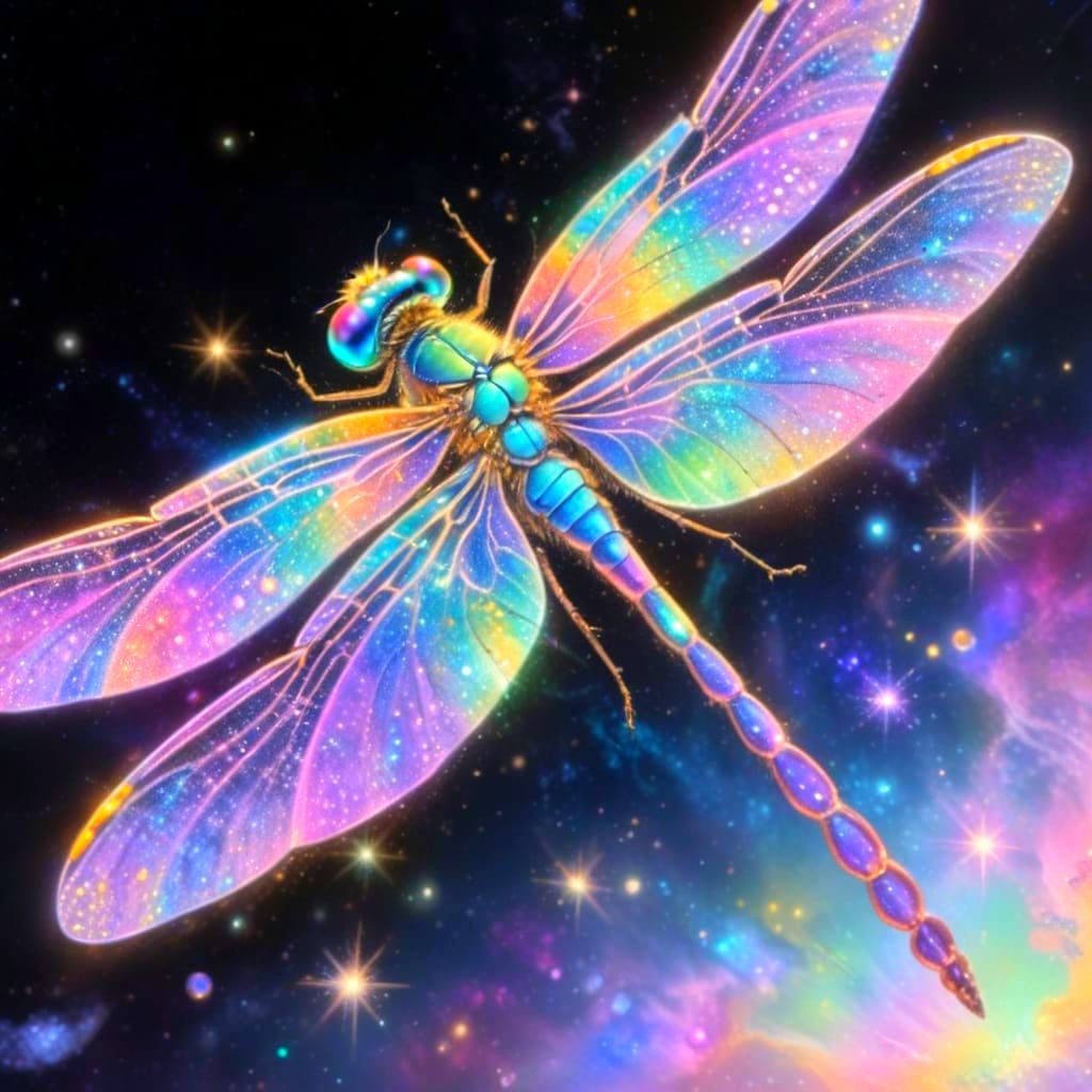 Rainbow Dragonfly Amidst Cosmic Stars and Nebulae