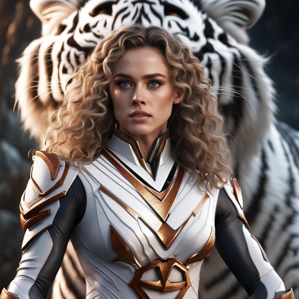 Woman as White Tiger Power Ranger in Detailed Painting