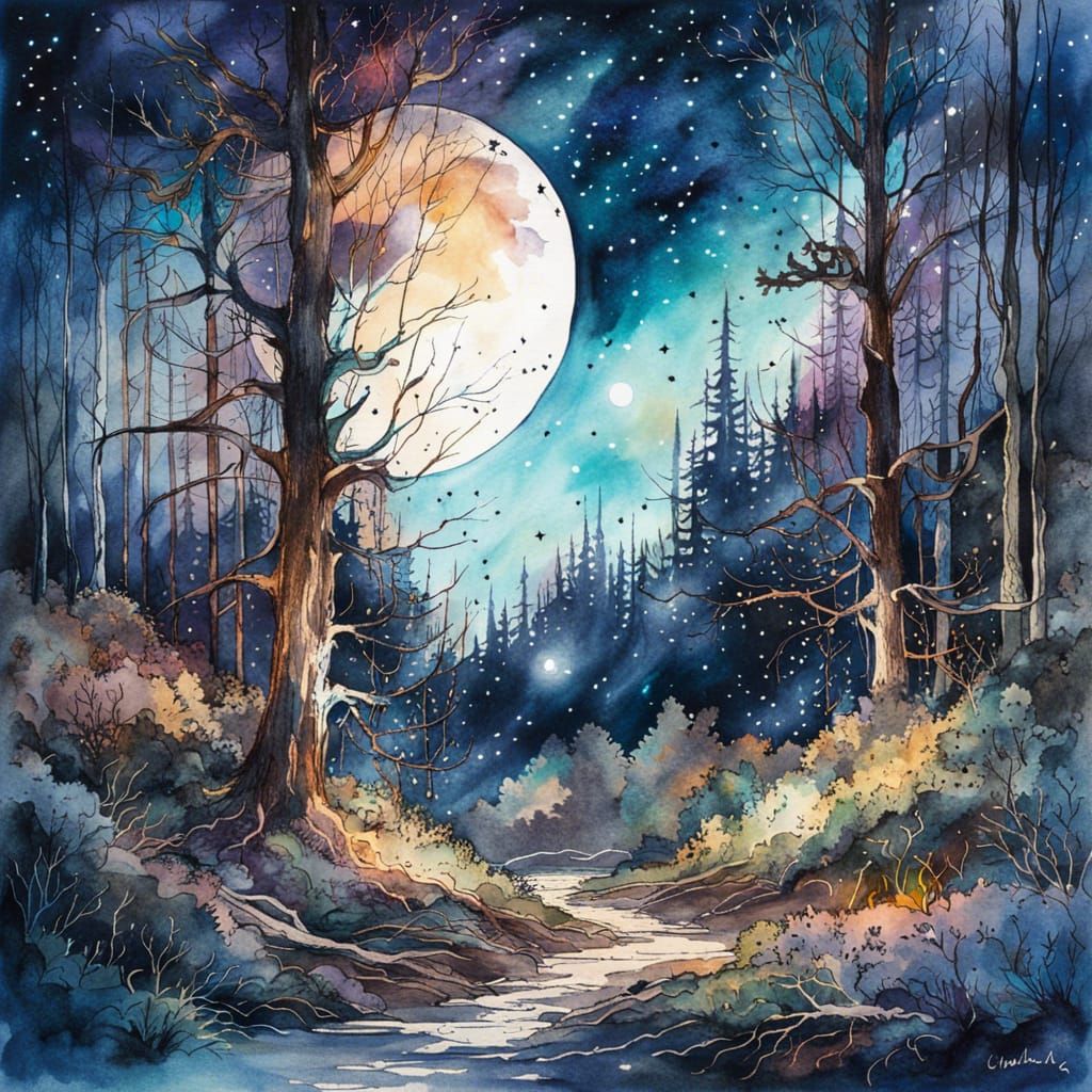 Magical Moonlit Clearing under Starry Sky Watercolor