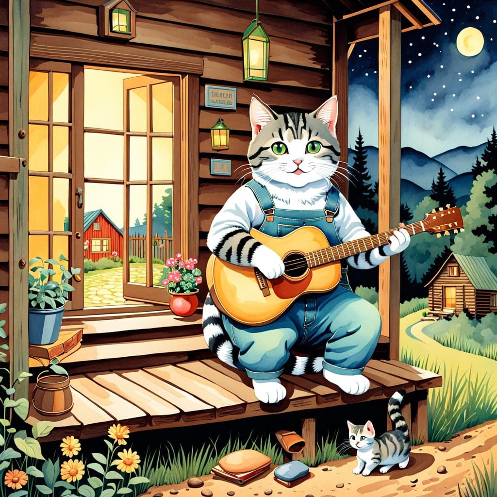 Charming Watercolor Illustration of Happy Kitten Playing Gui...