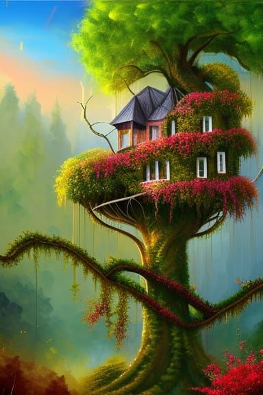 Whimsical Futuristic Treehouse Digital Matte Painting