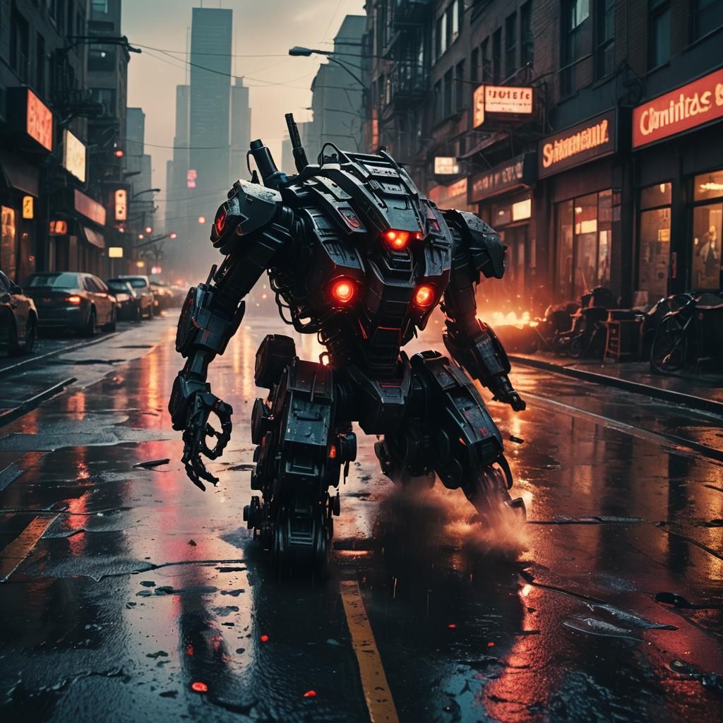 Dystopian Machine Charges Through Dark City Street