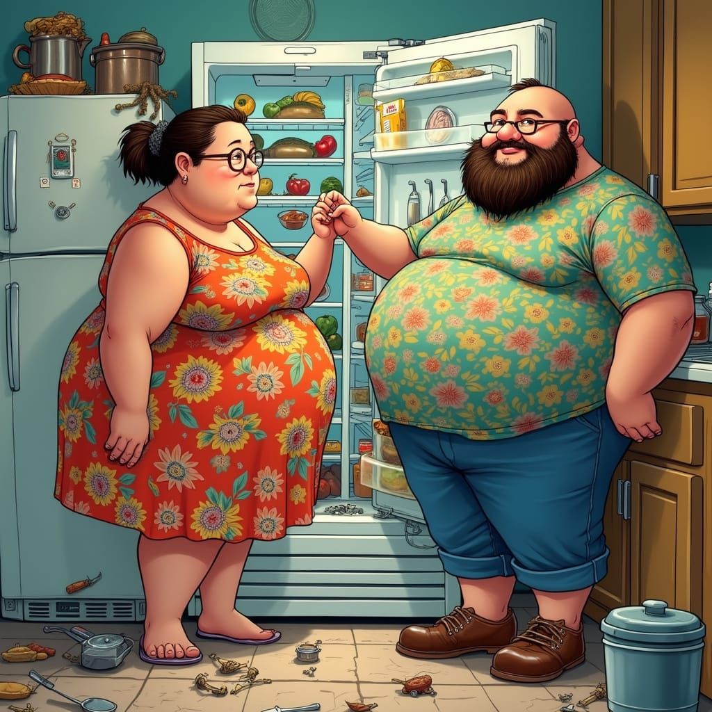 Obese Couple Cleans Tiny Kitchen in Vibrant Cartoon Realism