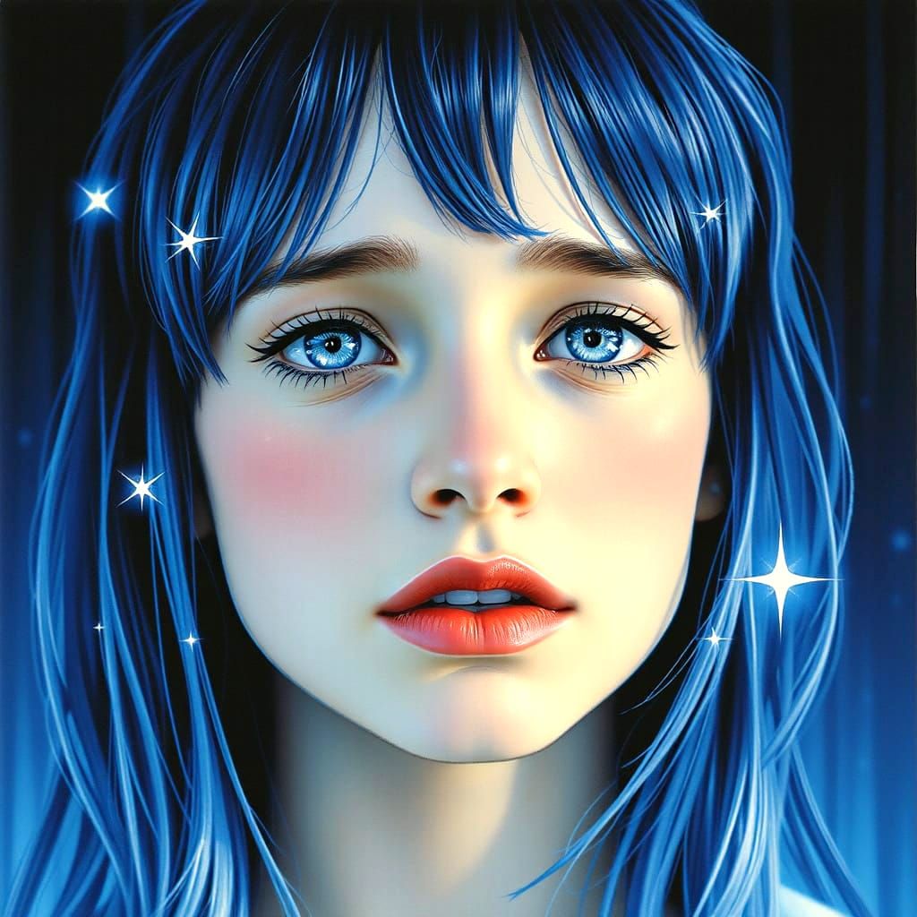 Dreamy Surrealist Portrait with Luminous Waterfall