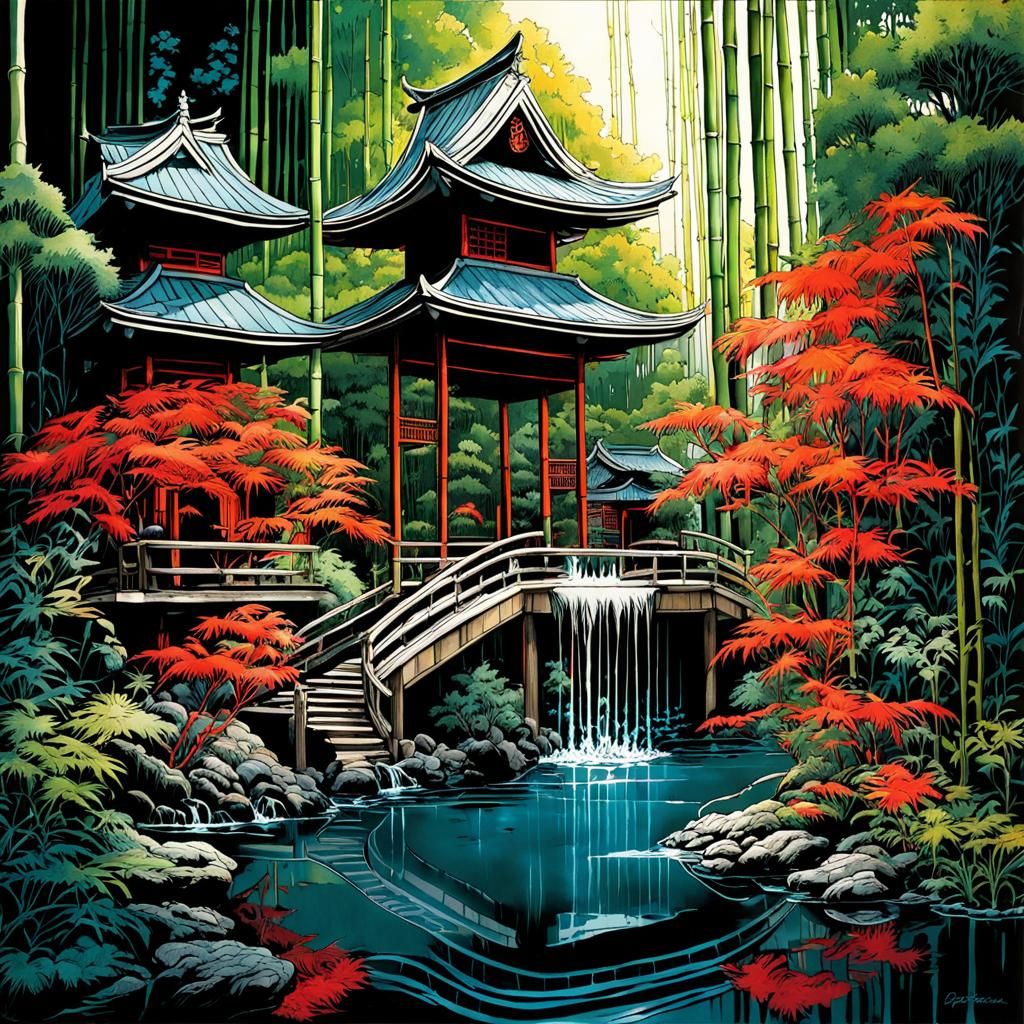 Breathtaking Japanese Garden with Bamboo Fountain in Ink