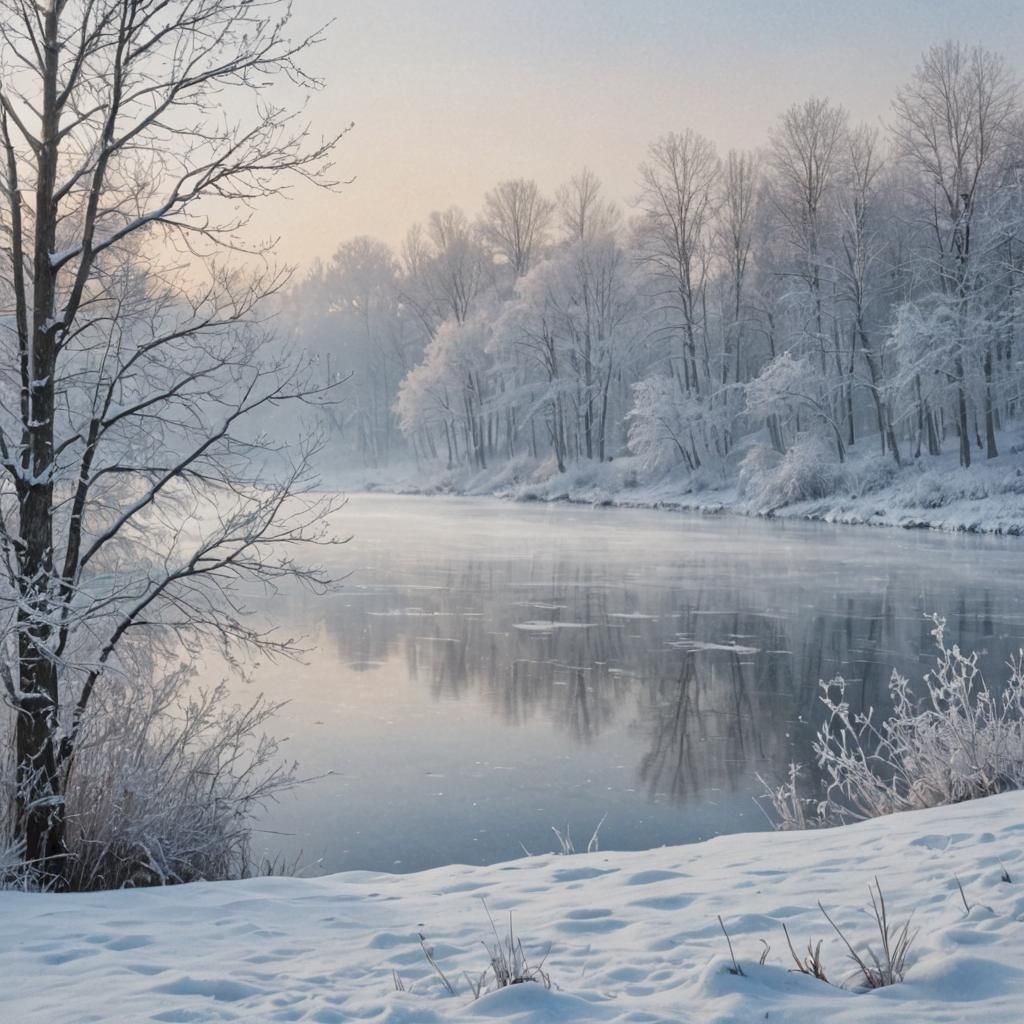Serene Winter Landscape in Watercolor Style