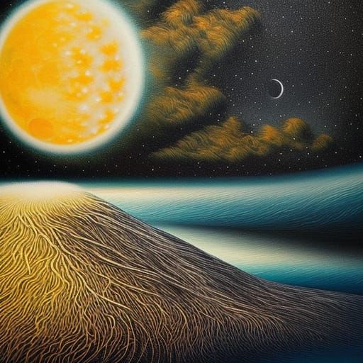 Stylized Moonrise Scene in Natural History Illustration Styl...