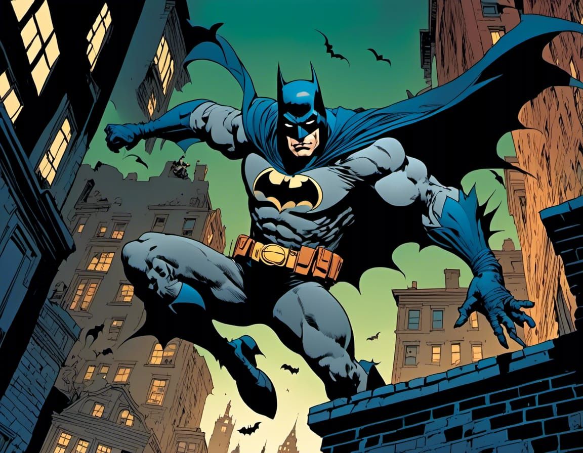 Batman Leaping in Gotham, Vintage Comic Style