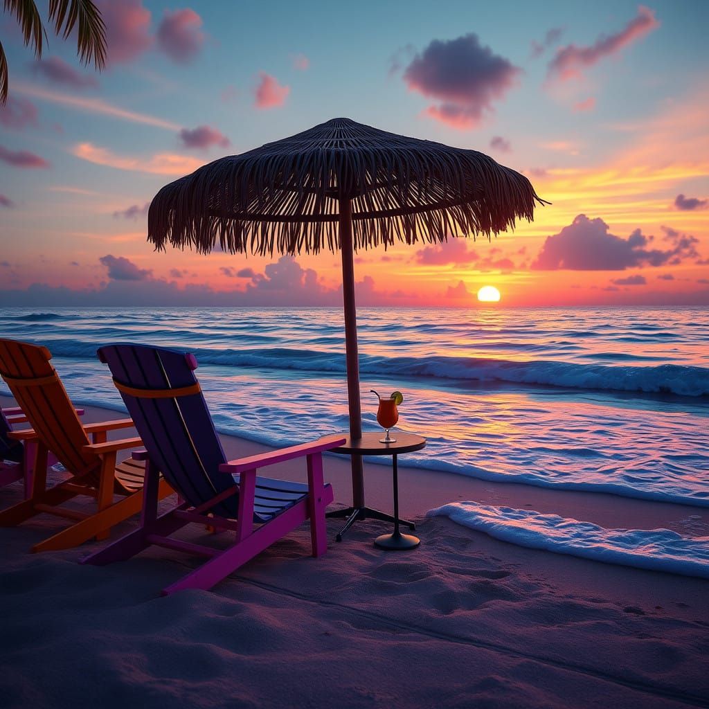 Serene Beach at Sunset with Vibrant Oasis