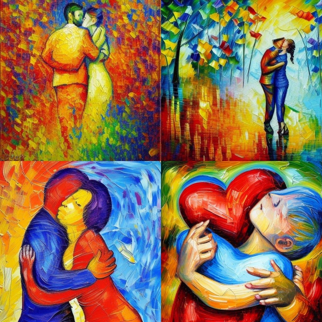 Joyful Embrace in Neo-Impressionist Oil Painting