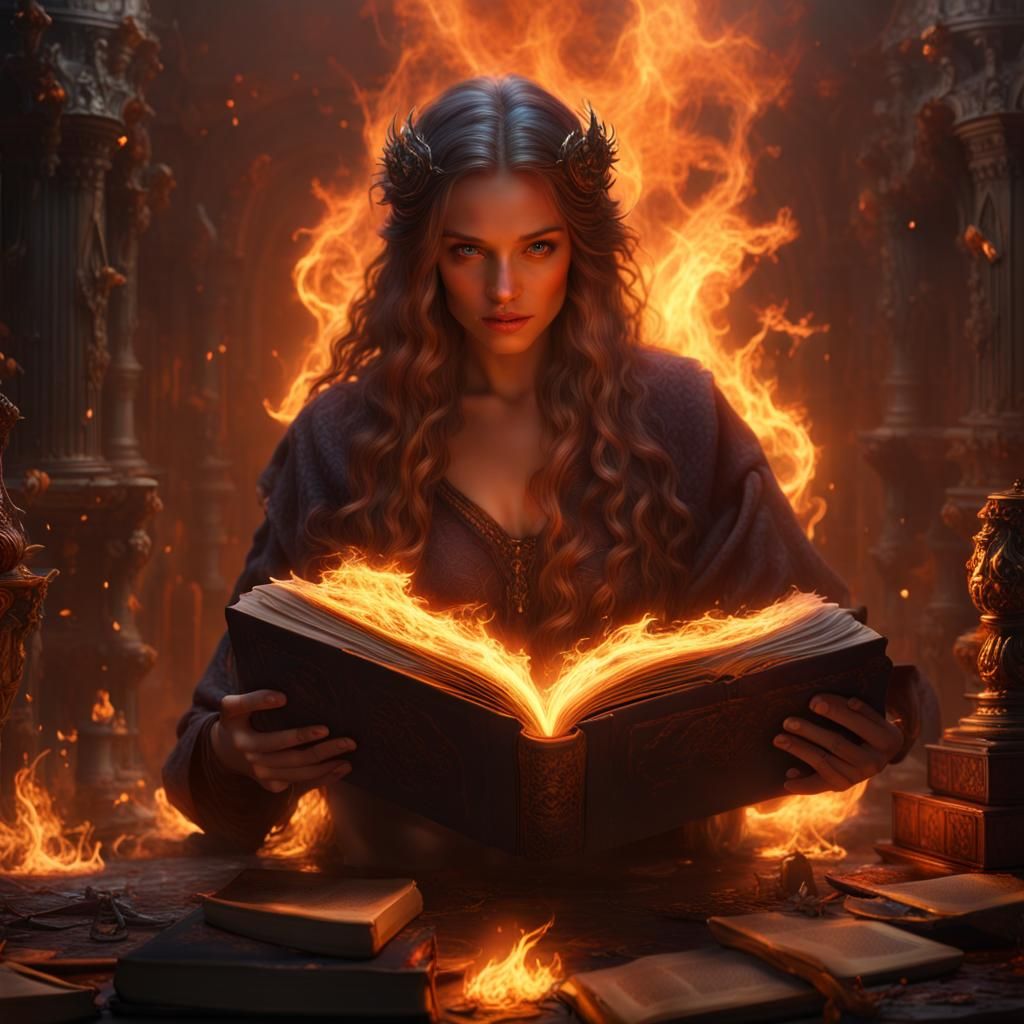 Fiery Fantasy Book of Magic in Digital Painting Style
