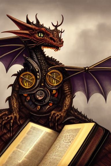 Steampunk Dragon Portrait on Book Stack