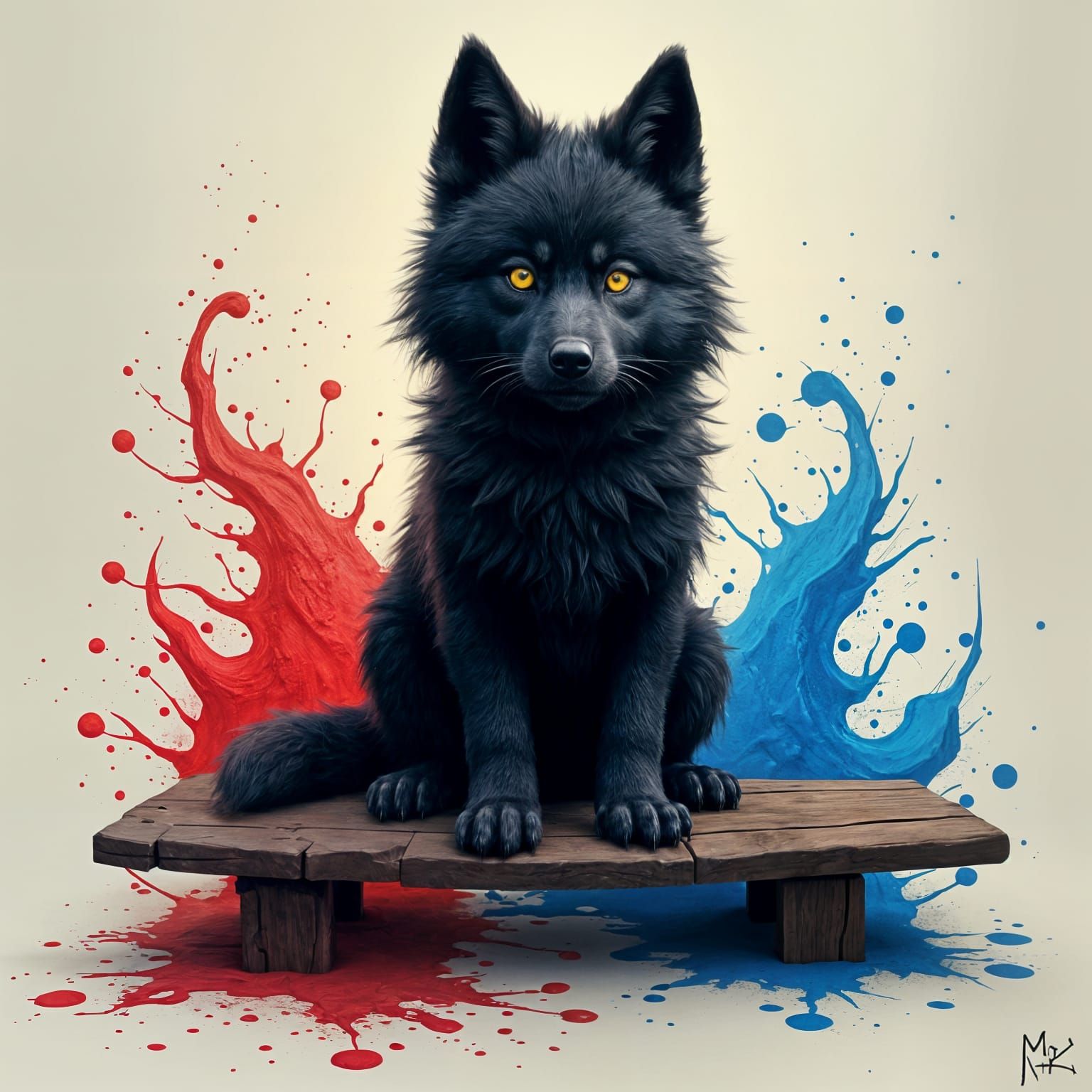 Ink Splattered Wolf Puppy on Bench: Fantasy Concept Art
