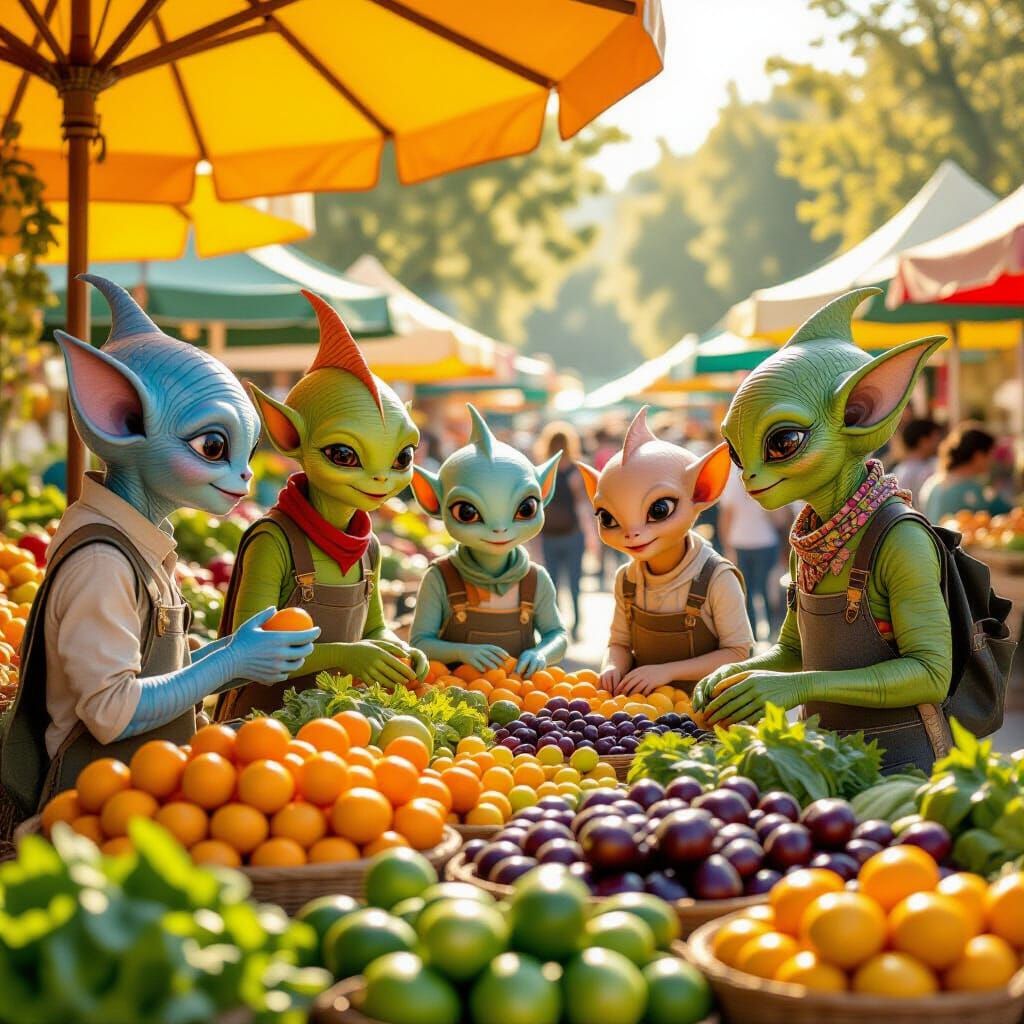 Friendly Aliens Explore Farmer's Market in Storybook Style