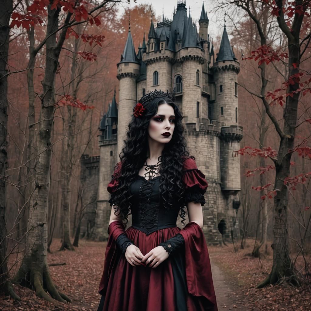 Gothic Dark Fairy in Burgundy Dress near Castle
