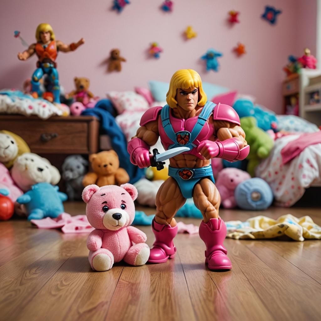 He-Man Action Figure vs. Teddy Bear Macro
