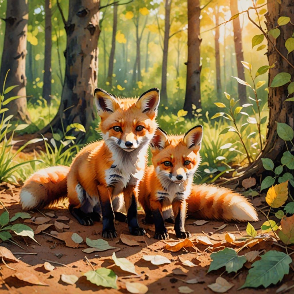 Whimsical Watercolor Baby Red Fox in Sunny Forest Glade
