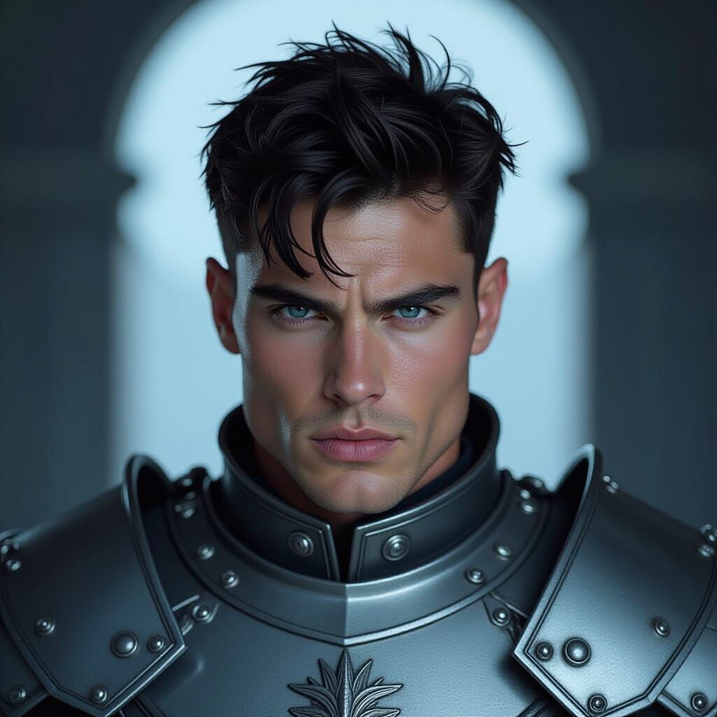 Muscular Man in Silver Armor with Icy Blue Eyes