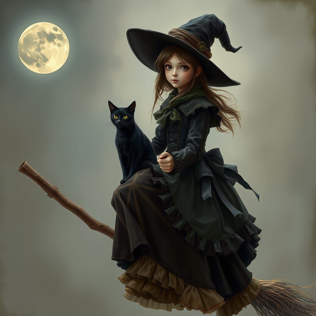 Victorian Witch Rides Broomstick in Moonlight