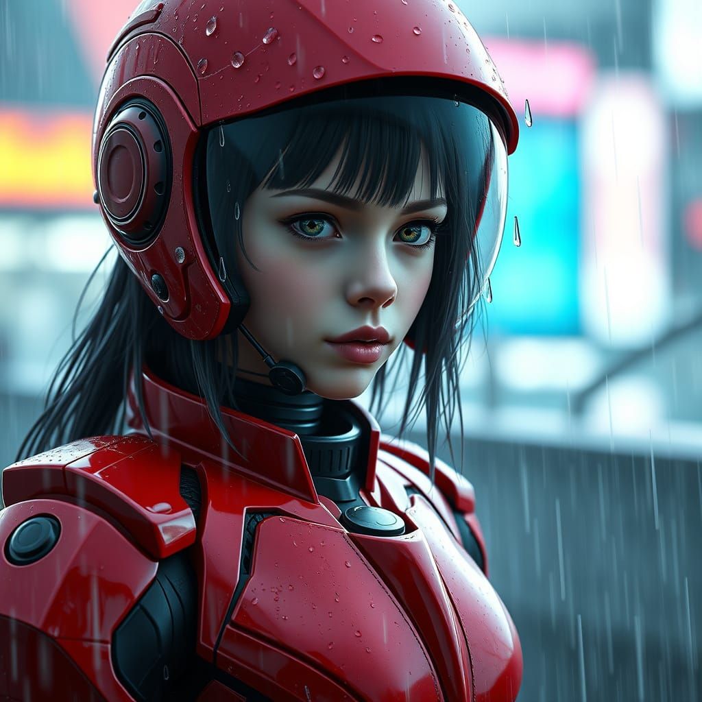 Girl in Red Robot Suit in Rain, Comic Book Style