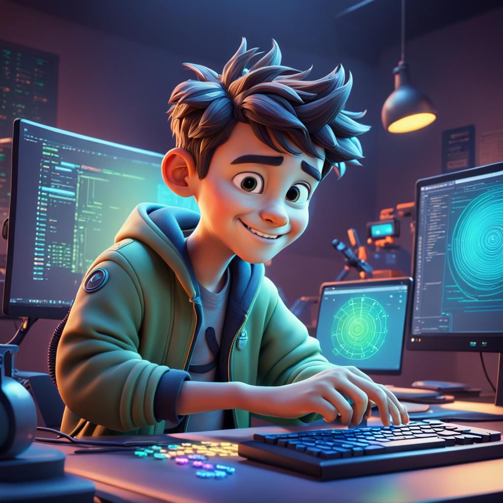 Happy Boy Coding: Pixar Style 3D Render