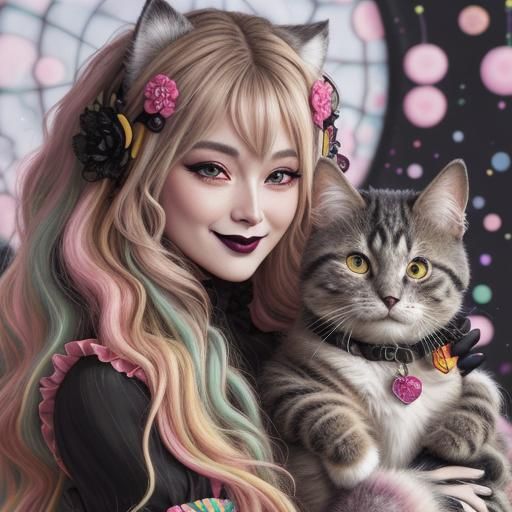 Blonde Woman Hugging Cat in Candy Art Style