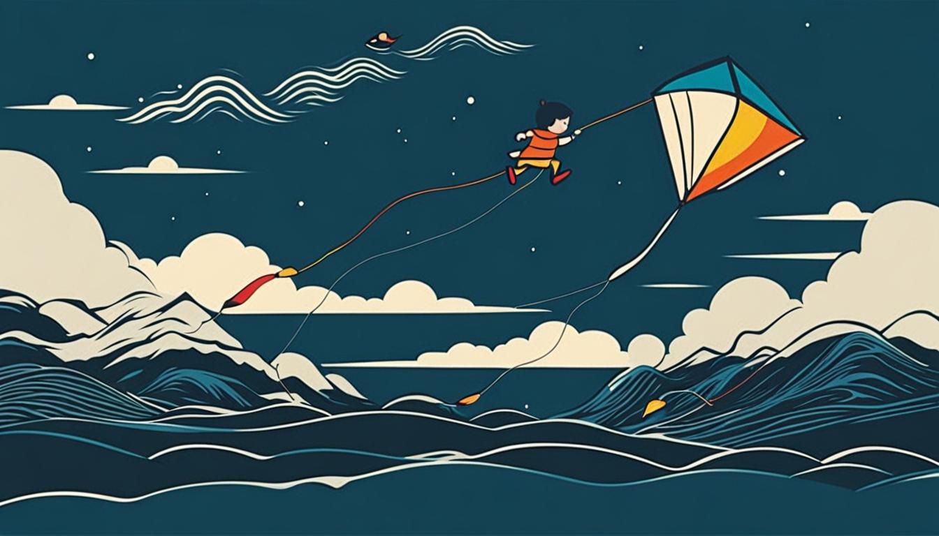 Minimalist Ink Poster of Boy Flying Fish Kite