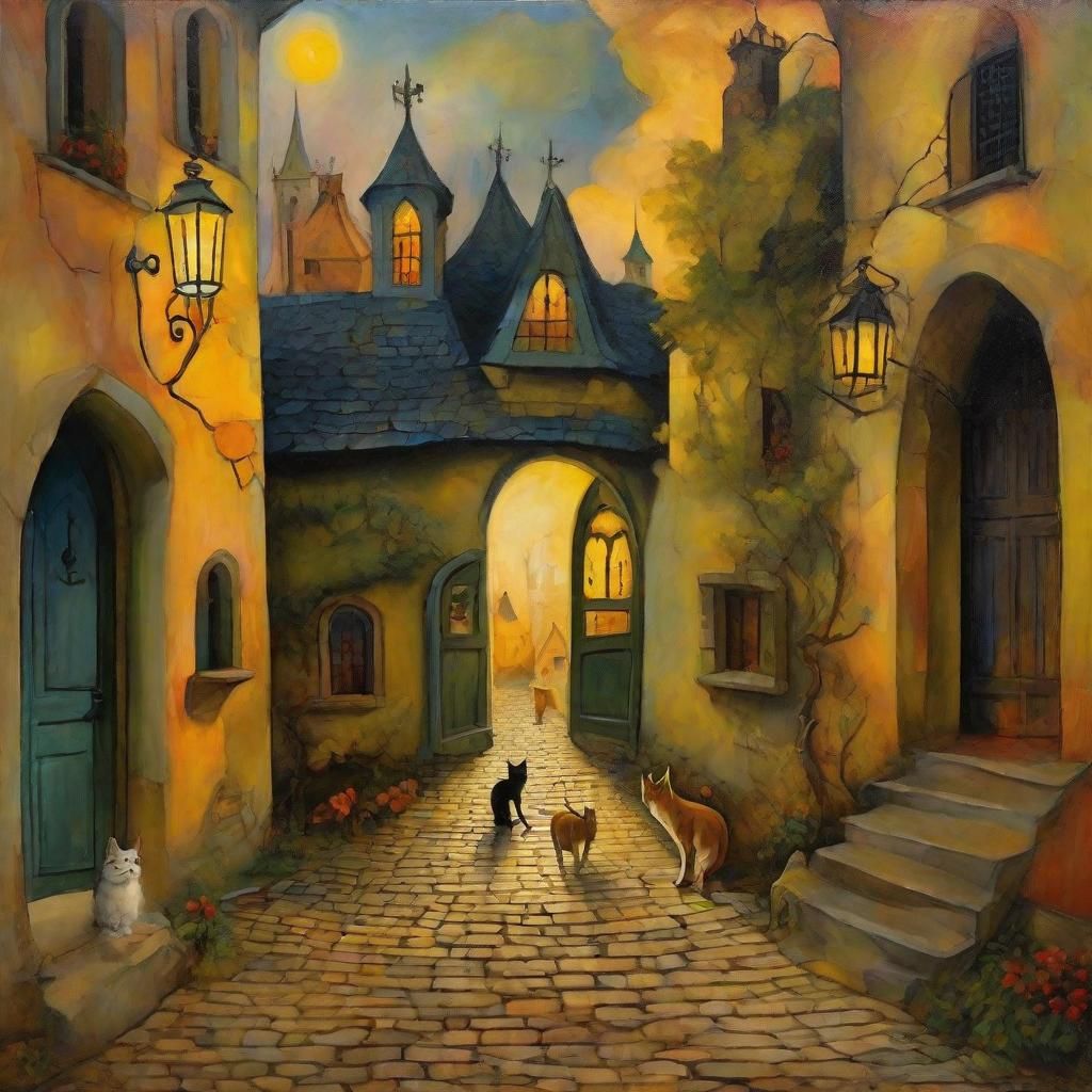 Cats Playing Near Haunted House in Surreal Oil Painting